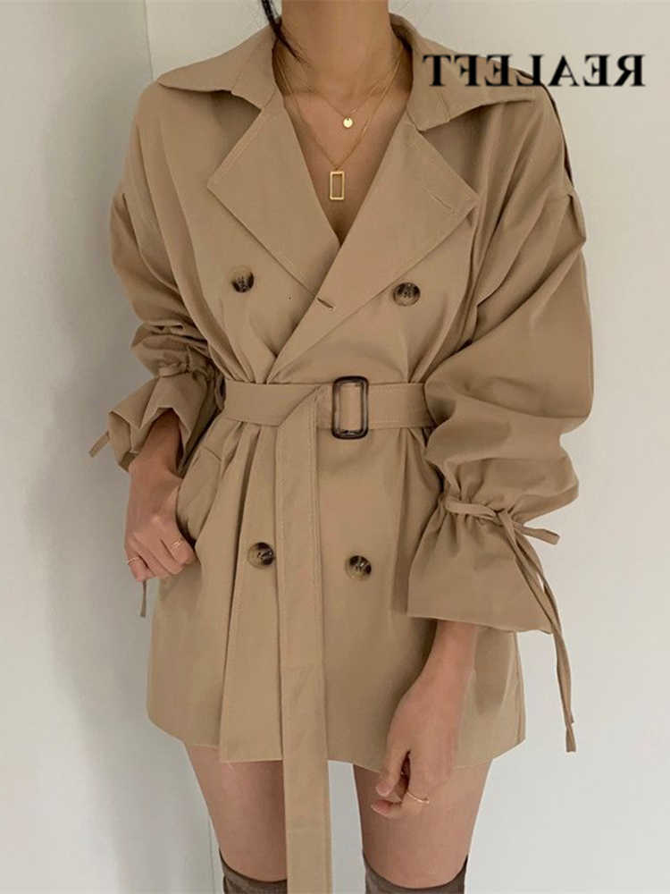 2023 New Autumn Winter REALEFT Khaki Minimalist Women's Trench Coat Sashes Windbreaker Loose Flare Sleeve Double Breasted Trench D260909