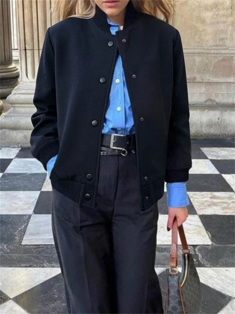 Tinaa Navu Blue Jackets for Women 2026 Straight Baseball Collar Long Sleeve Single Breasted Pockets Casual Overcoat 190987 260909