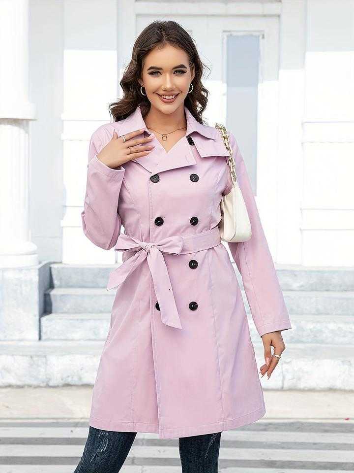 Light 2026 Spring New Collection Pink Double-Breasted Waist-Cinching Trench Coat Elegant Mid-Length Belted Lapel Plus Size Women's Commuter Cas
