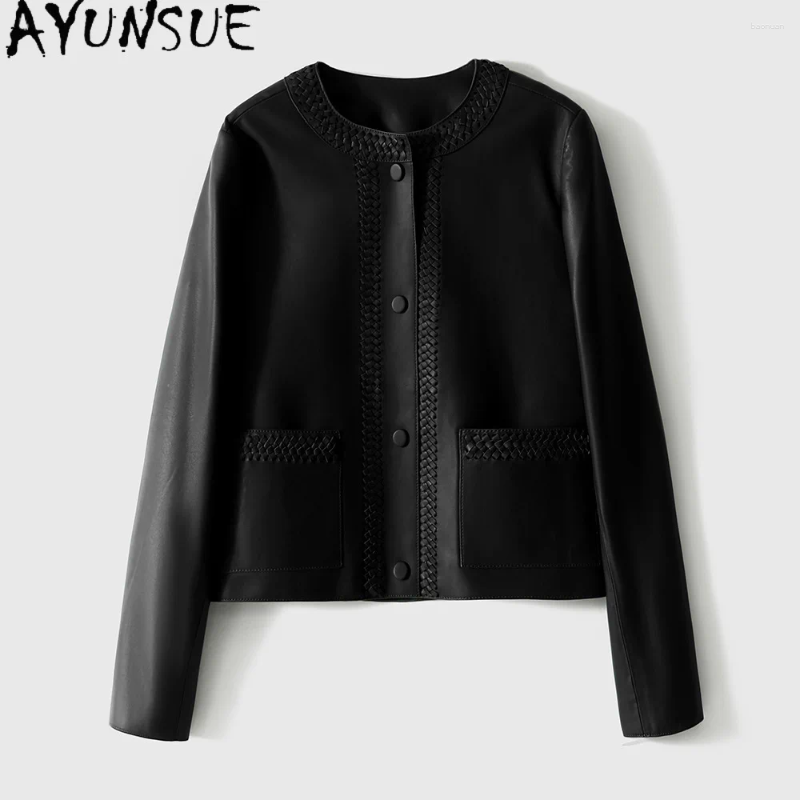 Women's Leather AYUNSUE Real Jacket Woman Clothing 2026 Spring Autumn Sheepskin Coat For Women Weave Loose Fit Style Casaco Feminino 6e