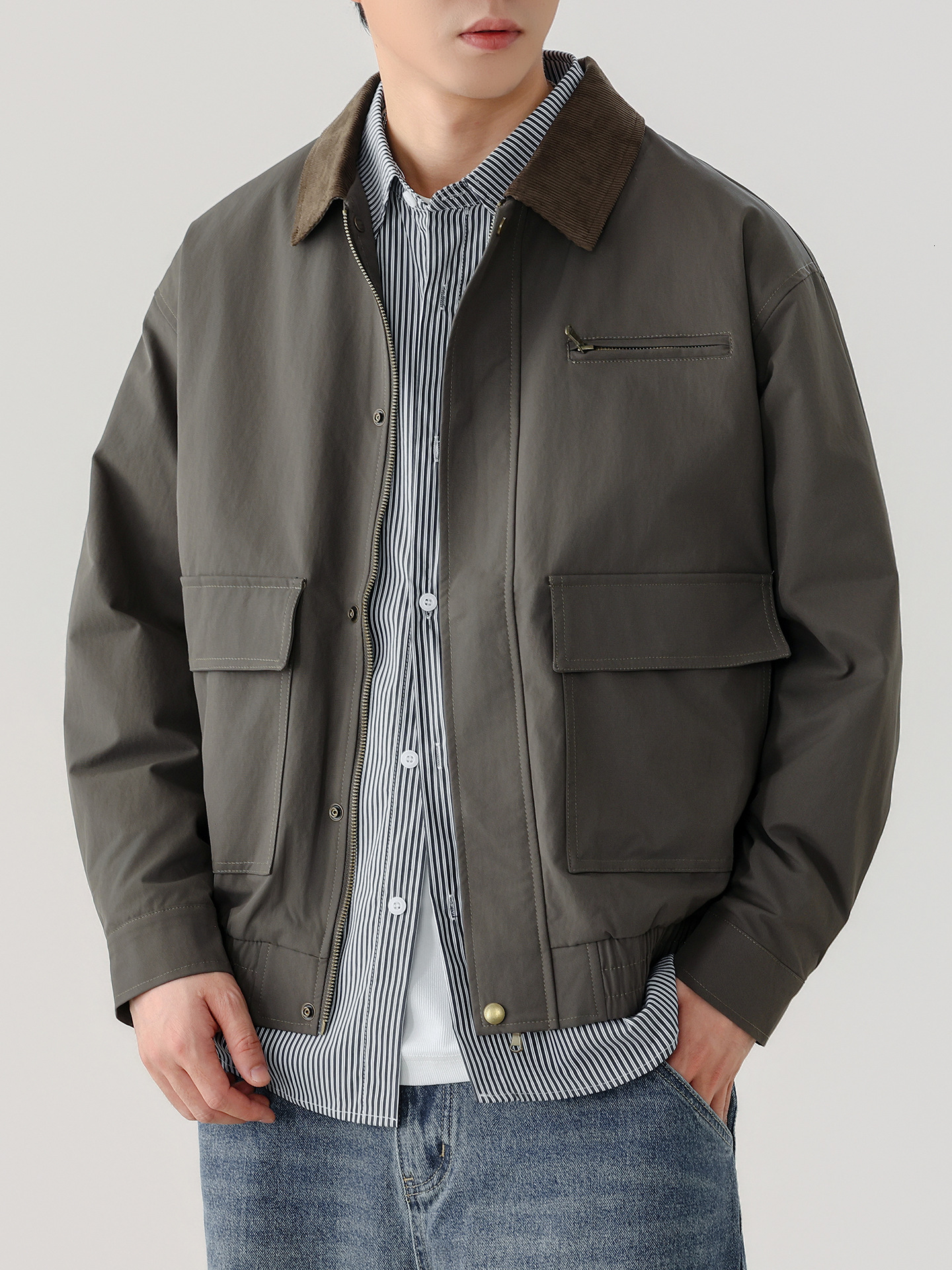 Luxe merkontwerperkleding 2026 Nieuw vintage werkjack met omgeslagen kraag voor heren, lente en herfst, Amerikaanse stijl, losse pasvorm, grote zakk