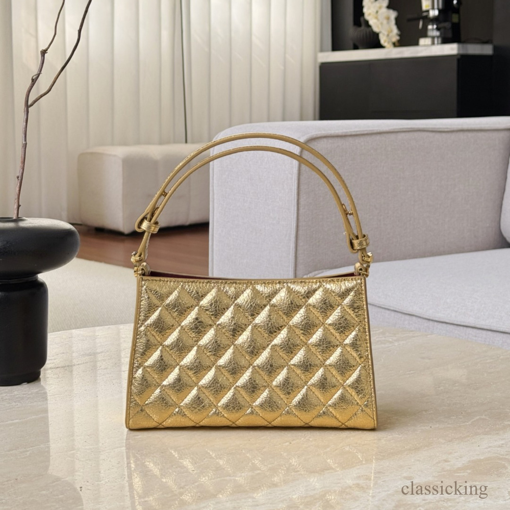 Designer Bag Quilted Shoulder Series Metallic Caviar Leather Handbag Double Thin Top Handle For Dating Travel Dinner Party