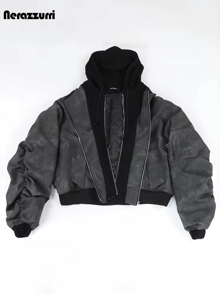 Nerazzurri Autumn Winter Oversized Distressed Pu Leather Jacket Hoodie Men Zipper Cool Handsome Chic Loose Unisex 2 Clothes 260902