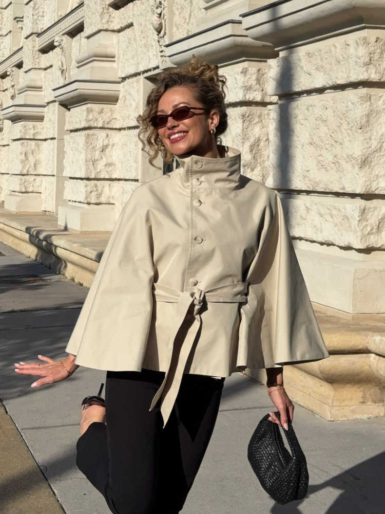 Up Collar Lace Chic Stand Short Trench Coat Women Drop Shoulder Single Breasted Cape Sleeve Loose Coats Autumn Commute Outerwear D260909