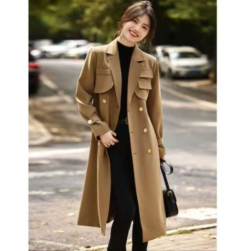 trench fashion female coat French 2026 autumn women's new mid-length trench coat women front shoulder temperament loose coat D260909