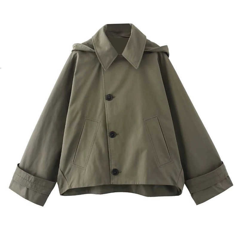 Autumn Army Green Windbreaker Spring Women Streetwear Loose Oversize Hooded Overcoat Female Single Breasted Thicken Coat D260909