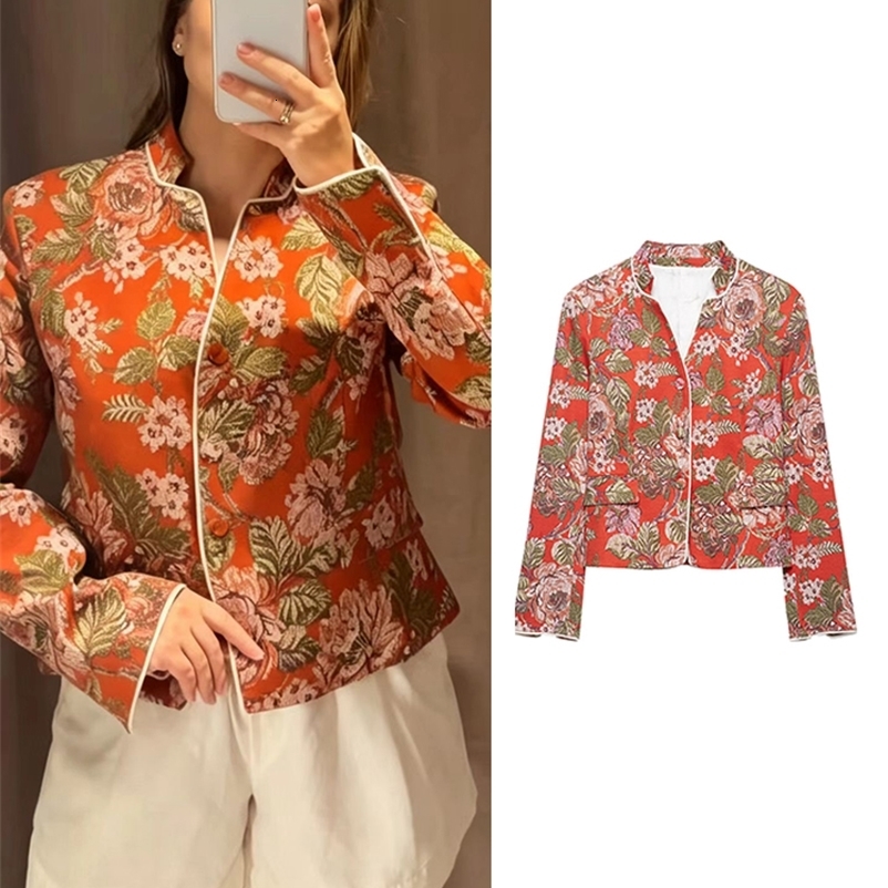 Women Vintage Blazer Stand Collar Single Breasted Long Sleeve Slim Jacket Fashion Office Lady Floral Elegant Autumn Outerwear 260909