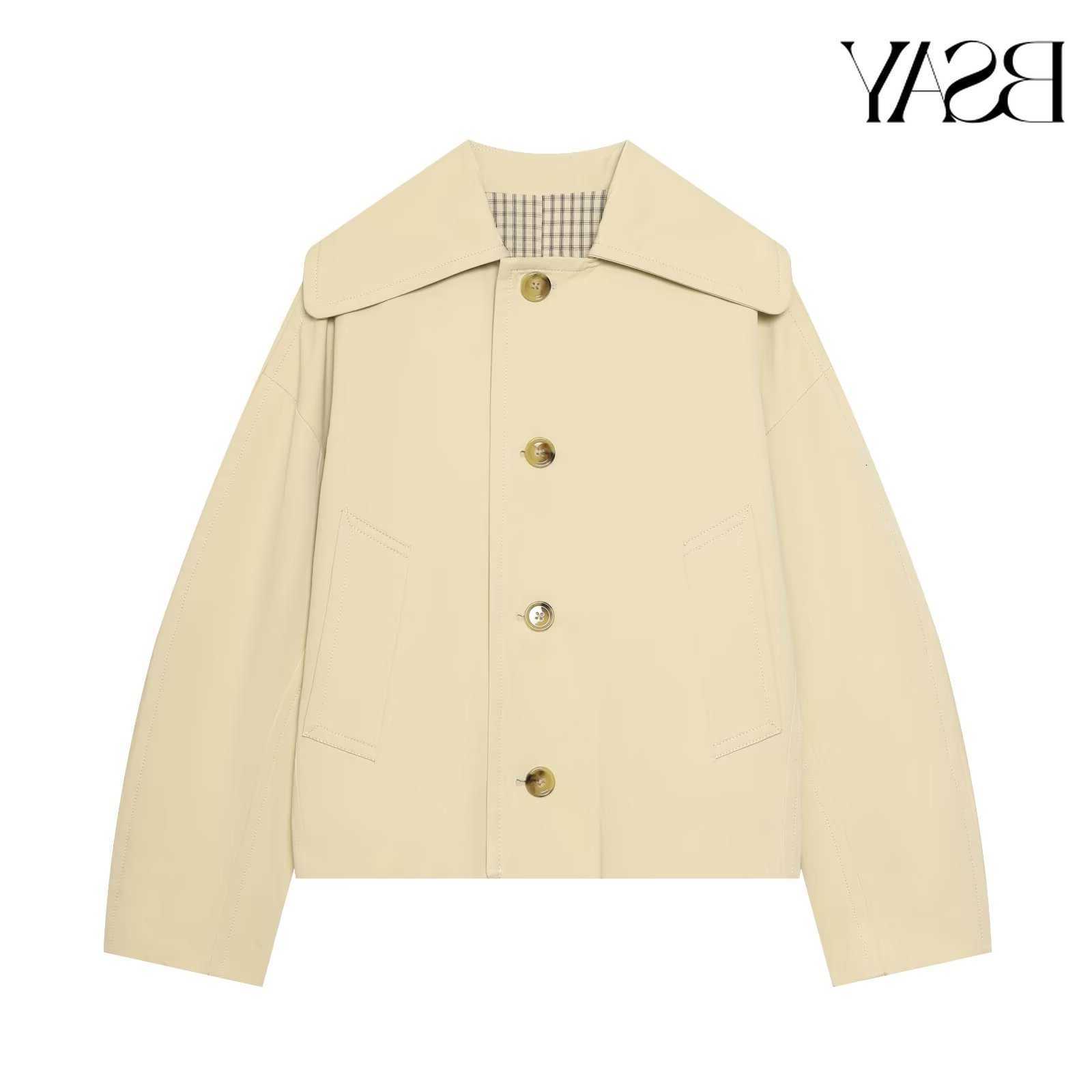 Style Women British Cropped BSAY Trench Coat Wide Lapel Single Breasted Button Front Loose Long Sleeve Lined Casual Outerwear D260909