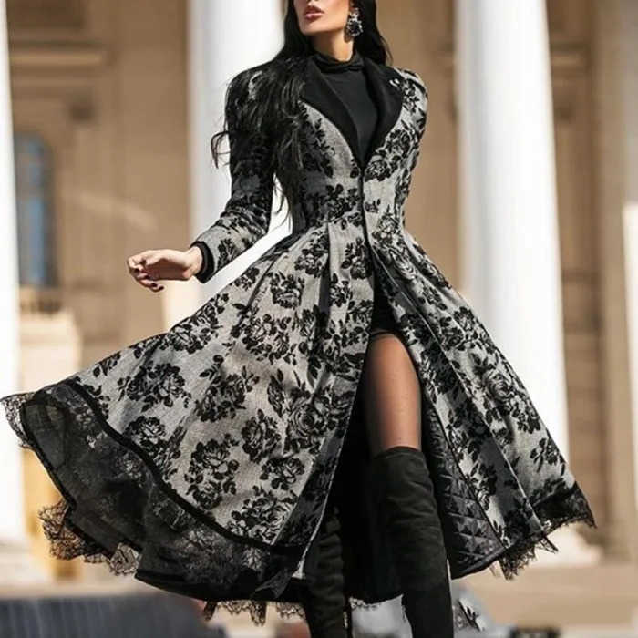 Autumn and Winter New Ladies Lace Patchwork Vintage Long V-neck Trench CoatSolidColor Print Big Swing Trench Coat for Women D260909
