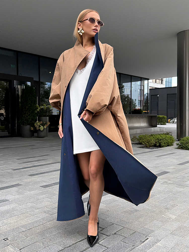 Coat Color Block Women's Trench Stand Collar Batwing Sleeve Oversized Long Open Front Button Coat Trendy Fall Windbreaker Lady D260909