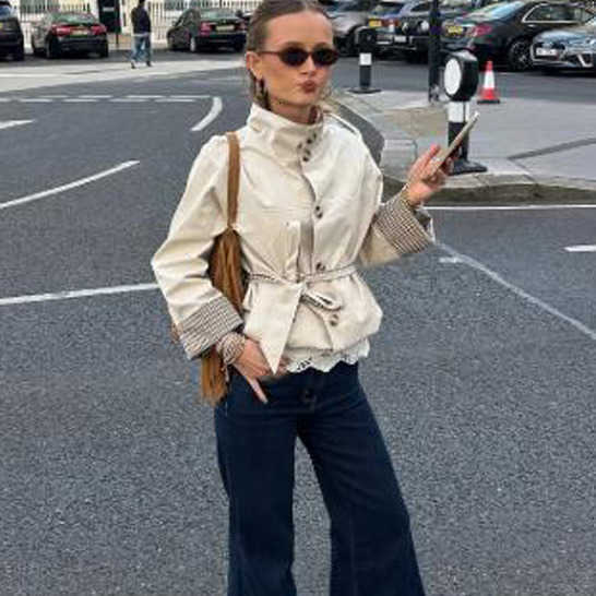windbreaker short Khaki women's tied stand up collar single breasted checkered lining casual 2026 autumn hot selling wear D260909