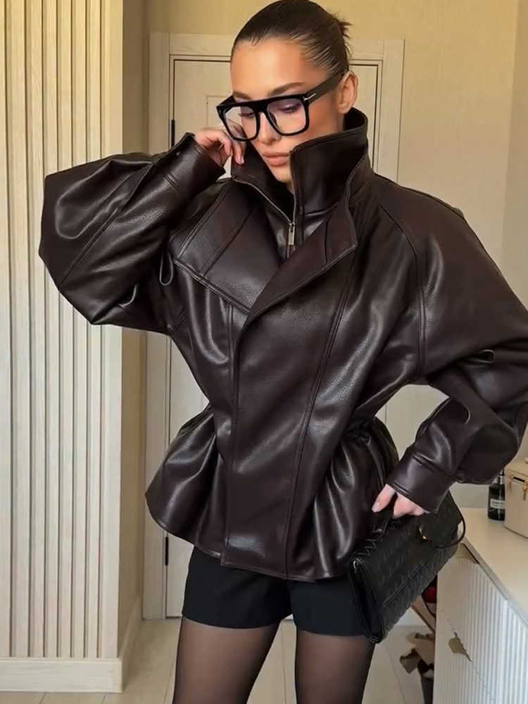 Stand Color Up Solid Collar Pu Leather Fashion Zipper Waist Cinched Women's Coat Autumn Street Wear 2026 D260909
