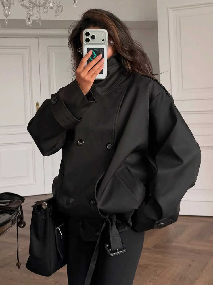 Women's Lace Up Short Fashionable Wrap Around High Neck Double Breasted Loose Coat 2026 Autumn New Daily Wear Style D260909