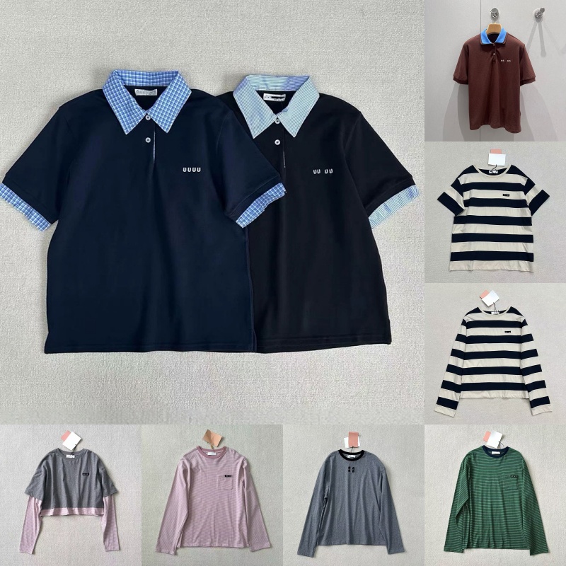 Brand Checked Collar Polos Shirt Designer Women Long Sleeve Striped Tops Summer Resort Vacation Basic Preppy Style Blouse
