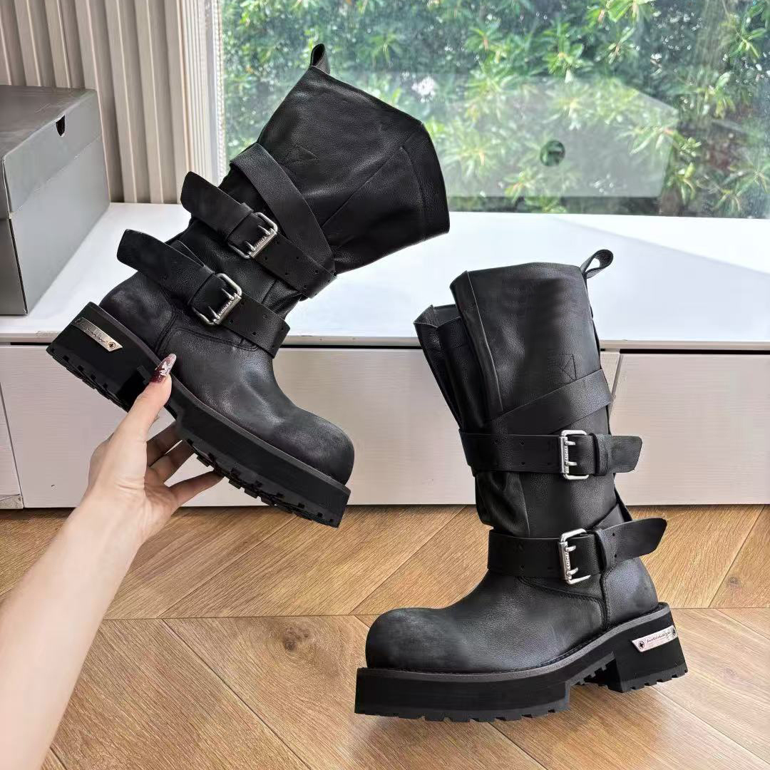 Venom Boots Designer Shoes High-quality Classics Calfskin Leather Extra Round Toe Women Men Boots Fashion Belt Buckles Adjustable Straps Thick Tooth