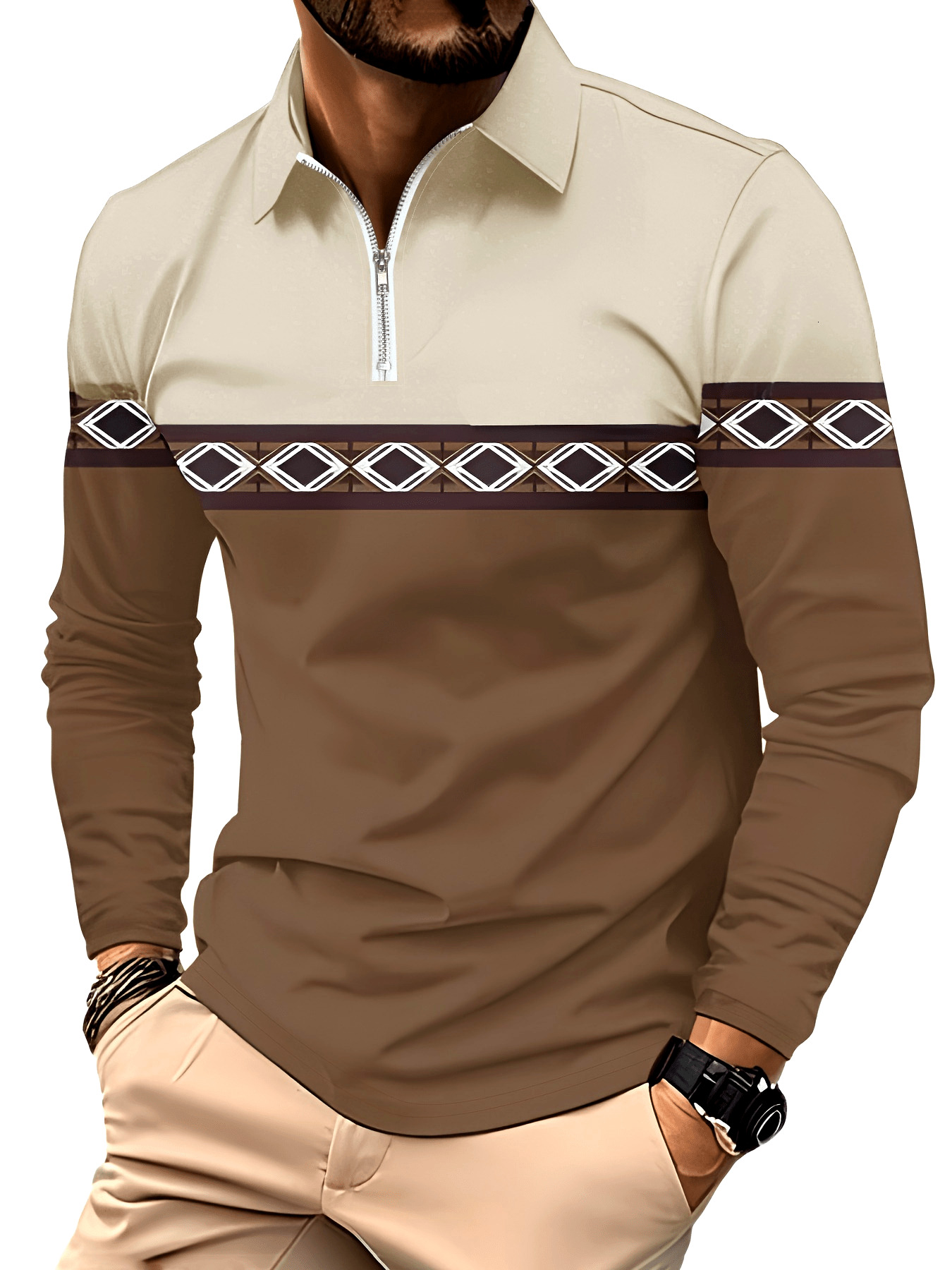 Designer European and American men's fashion long sleeve zip up polo shirt featuring a creative two tone geometric print design 9c