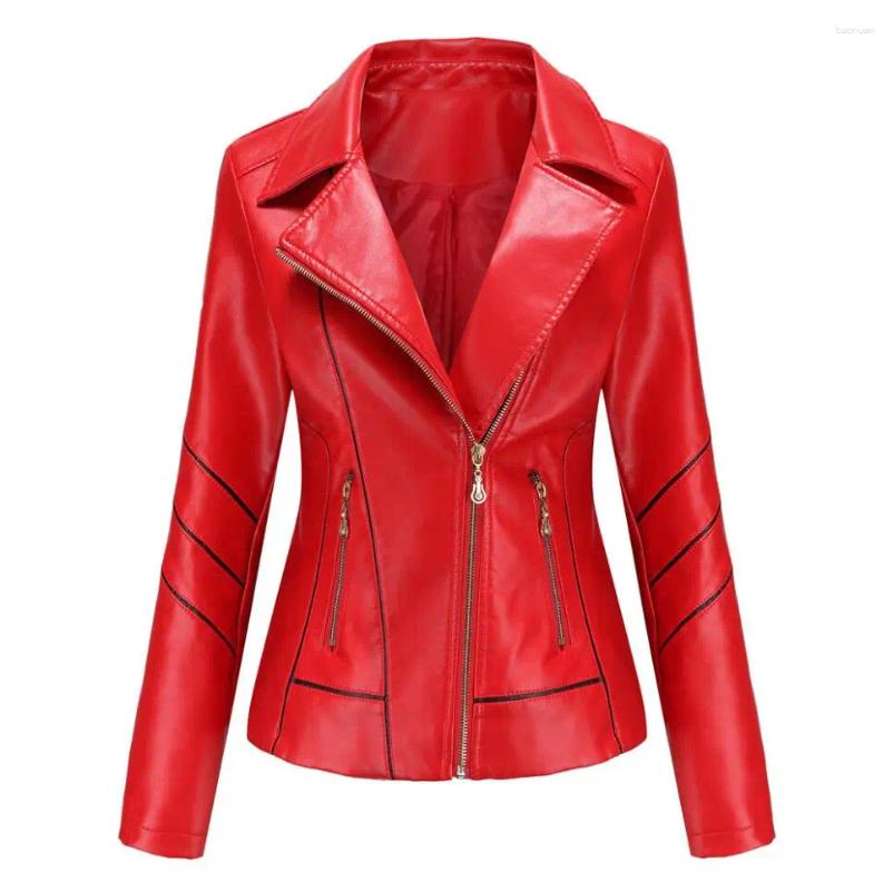 Women's Leather Red PU Faux Jacket Women Fashion Casual Biker Jackets Outwear Female Tops Spring And Autumn Black Coat f8