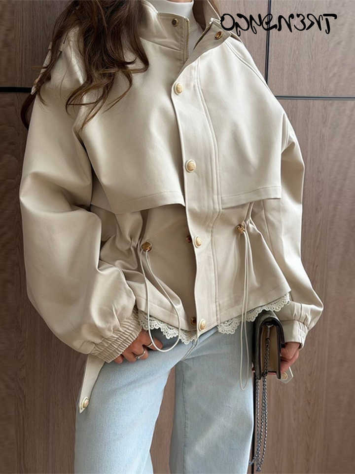 Jackets Lace Patchwork Women's Waist Coats Spring Autumn Female Stand Collar Epaulet Long Sleeves Slim New Outerwears D260909