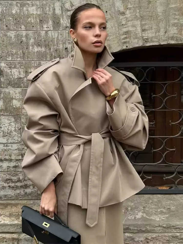 Trench Cropped Lace Coat Up Women Lapel Long Sleeves Wide Shoulder Windbreaker Lady 2026 Fashion Winter Commuting Outwear D260909
