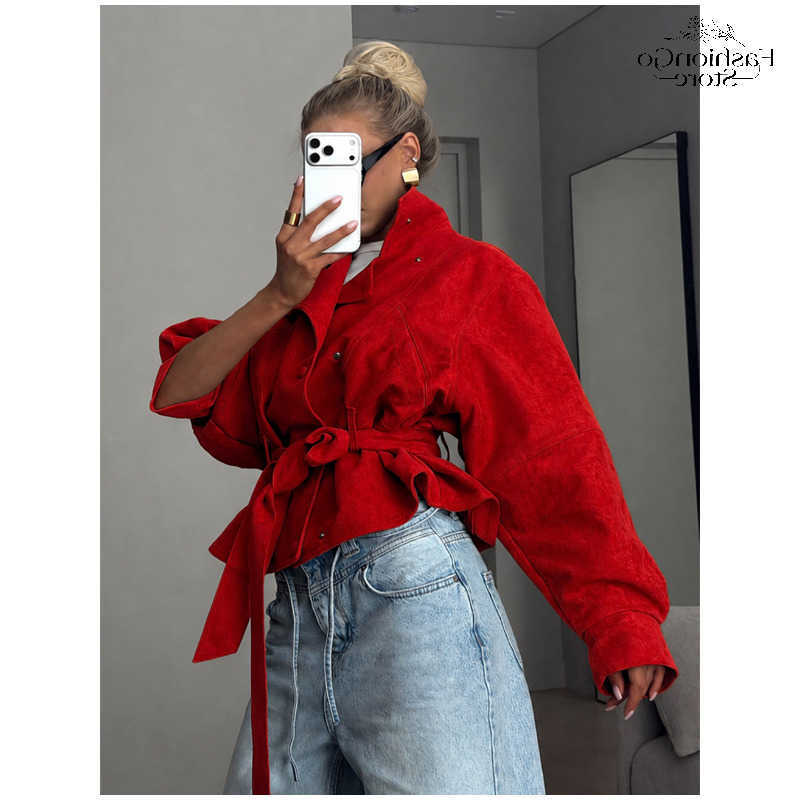 Stand Suede Red Collar Faux Belted Cropped Jackets Elegant Batwing Sleeve Snap Button Outerwear 2026 Autumn Dating Party Coats D260909