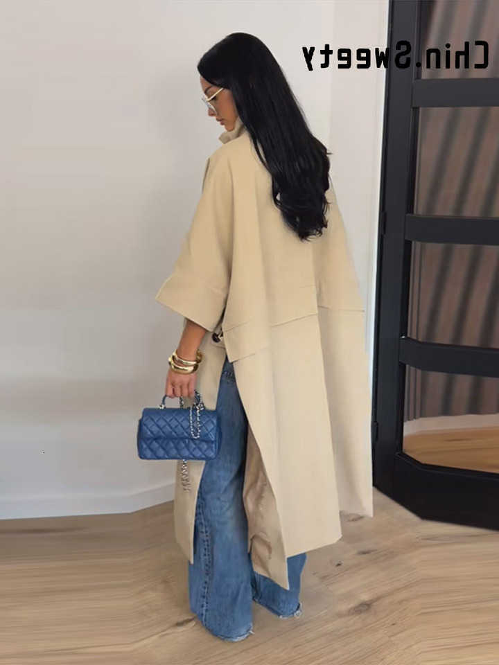 Color Solid Fashion Long Women's Windbreaker Loose Stand Collar Full Sleeved Split Hem Jackets 2026 Autumn Lady Outfit D260909