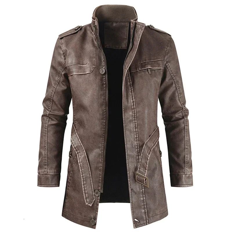 Men Outfit Fashion Warm Casual Vintage Faux Leather Jacket Winter Long Thick Fleece 260902