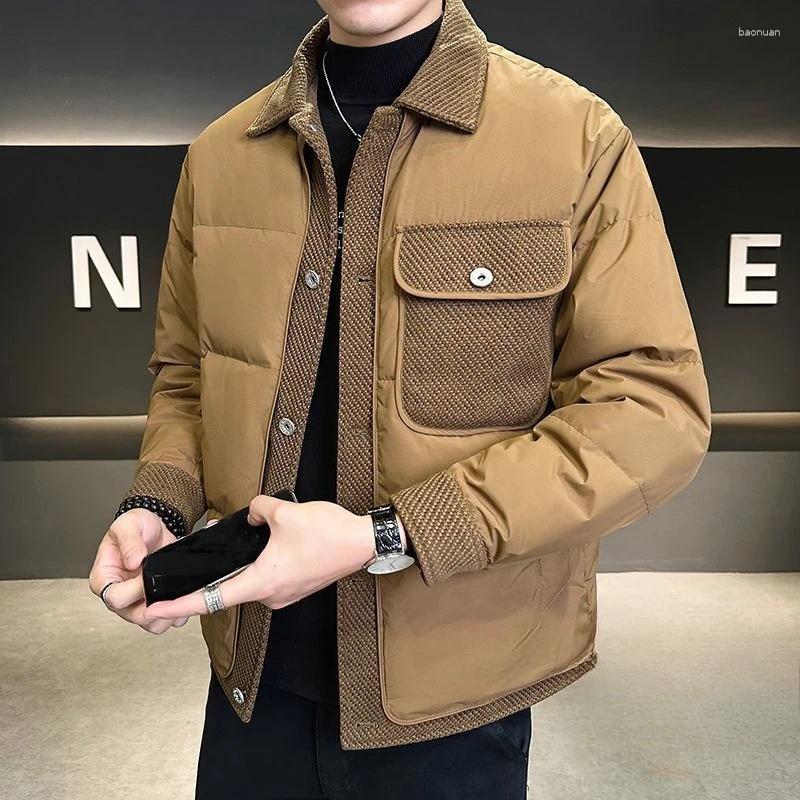 Men's Down Fashion White Duck Jackets 2026 Winter Lapel Light Warm Coats Male Solid Color Pockets Overcoats M810 2e