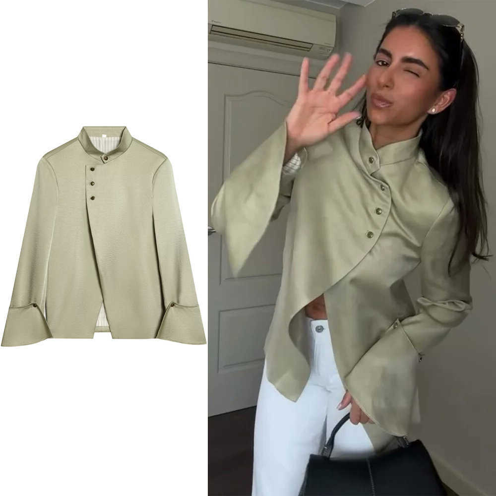 Hem Ruffle Side Satin Button Blazer Stand Collar Flare Sleeve 2026 Spring Elegant Women Outerwear Fashion Versatile Lady D260909