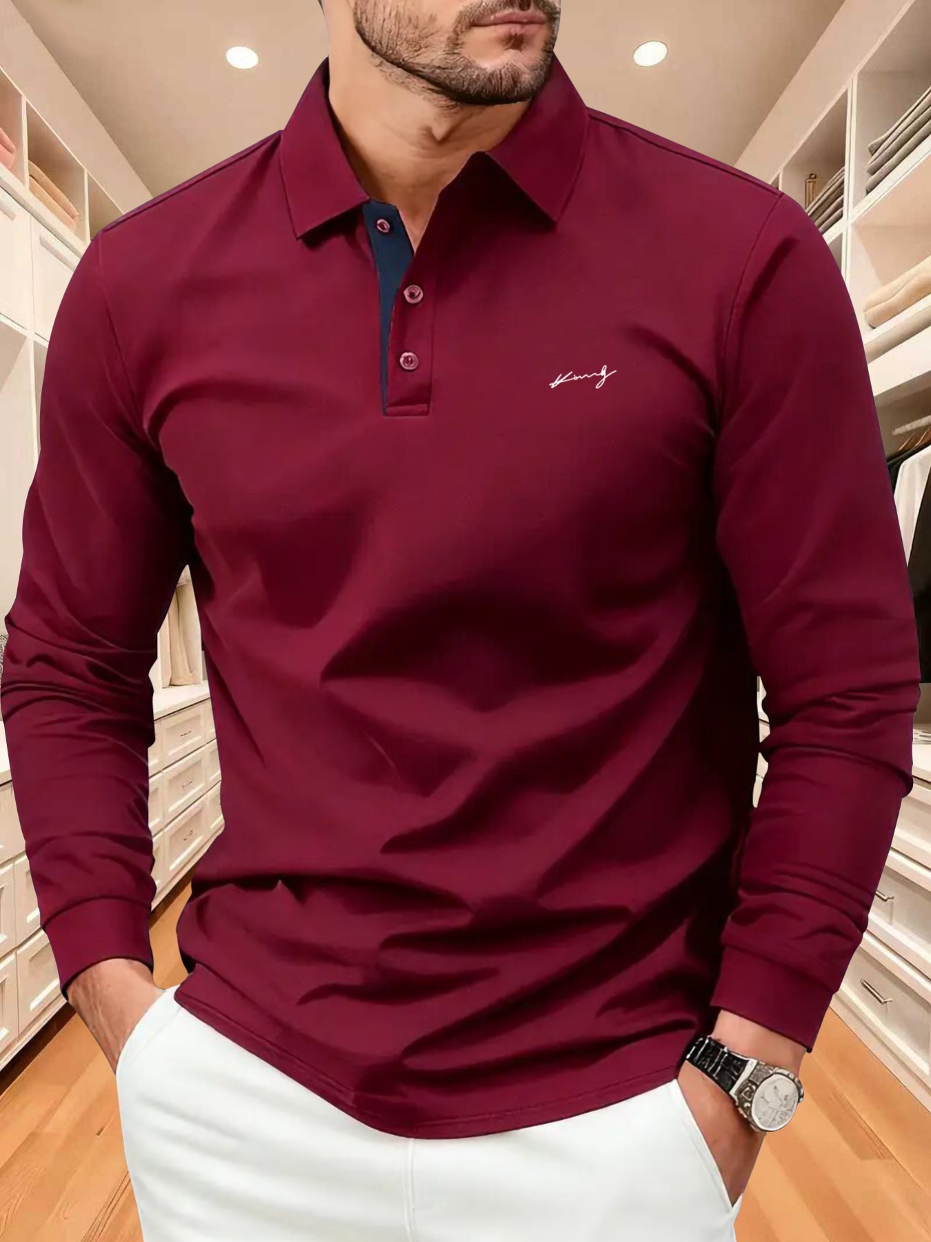 Designer Men's outdoor golf equestrian casual geometric pattern print mature business polo shirt with long sleeves breathable and comfortable 2