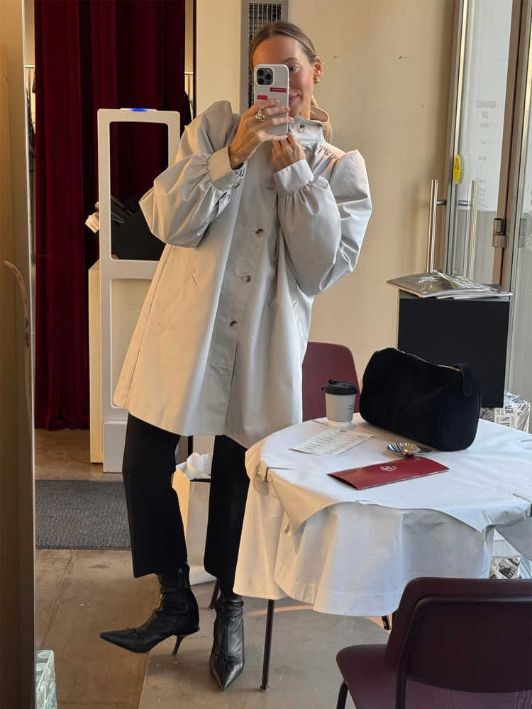 Coat Women Trench Light Gray Puff Long Sleeve Button Down Loose Midlength Outerwear Streetwear Fashion Autumn Casual Overcoat D260909