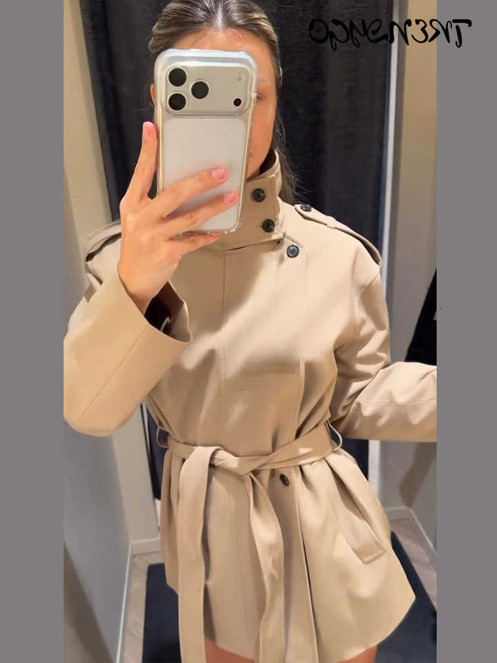 Sleeve Women's Windbreaker Turtleneck Long Lace Up Midi Trench Coats Autumn Lady Epaulet Side Placket Solid Loose New Outerwear D260909