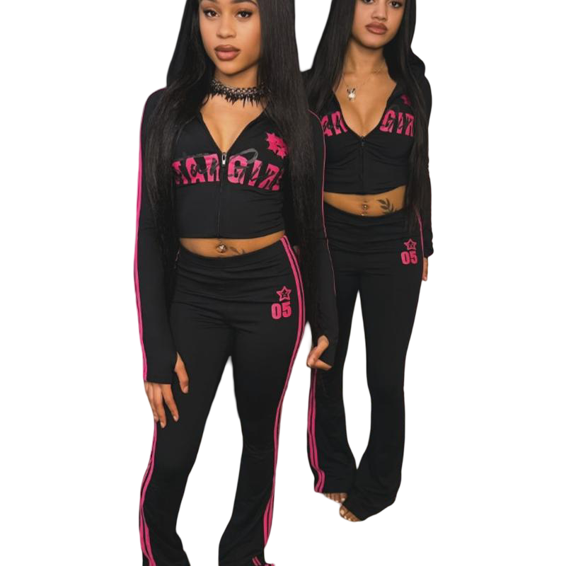 Femmes Hip Hop Casual Deux Pièces Tenue À Capuche Fermeture Éclair Recadrée Haut À Manches Longues Taille Haute Pantalon Extensible Étoile Lettre
