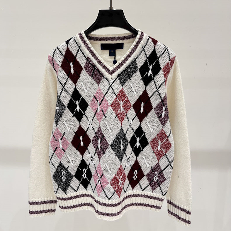 Vintage Plaid Jacquard Sweater For Women Casual V Neck Long Sleeve Embroidery Loose Sweatshirt Autumn Daily Commute Versatile Knit Pullover