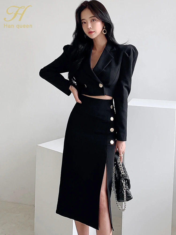H Han Queen Spring Autumn 2 Pieces Set Women Cropped Blazer Fork Pencil Skirts Casual Simple Office Lady Skirt Suit 260909