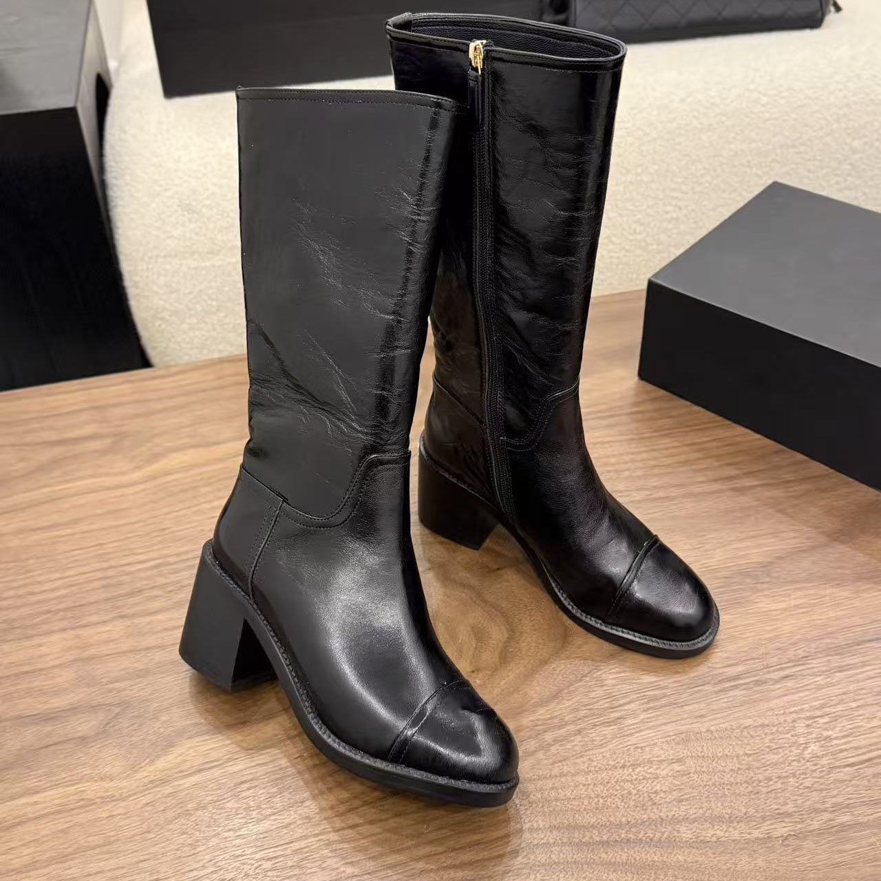 High end designer fashionable high top boots for women, oil wax cowhide, real leather sole, heel height: 6.5cm, round toe, thick heel, side zipper