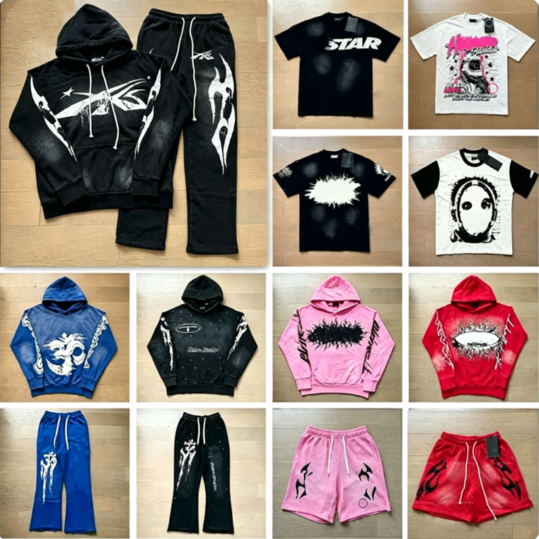 Designer Helle Mens T-shirt T-shirt Sweat à capuche graphique Femmes Hippie Ensembles courts Y2K Vintage Helln Sweats à capuche et pantalons Stre