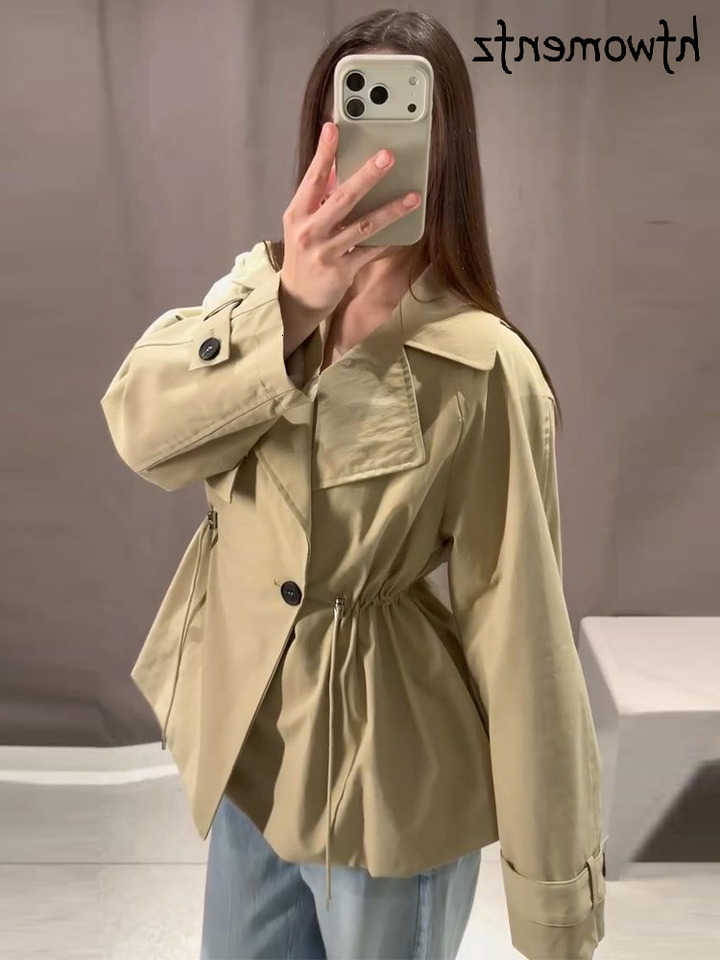 Women's Plaid Lining Fashion Loose Long Sleeve One Button Short Trench Coat 2026 Autumn Lady Chic Windbreaker D260909
