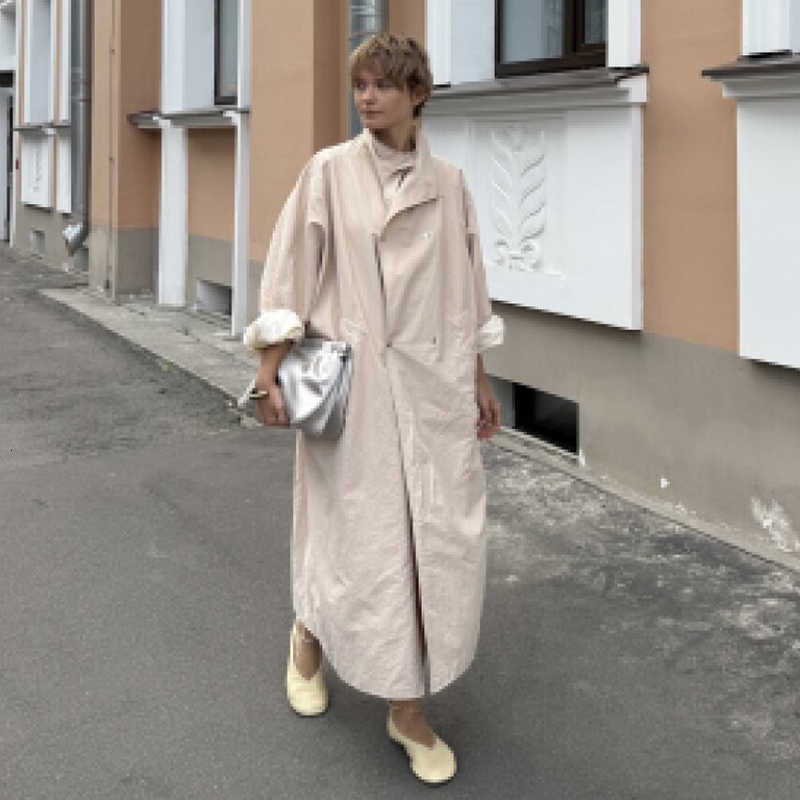 Coat Women Loose Maxi Trench Stand Collar Snap Buttons Side Pockets Long Outerwear Windproof Autumn Commute Ladies Trench D260909