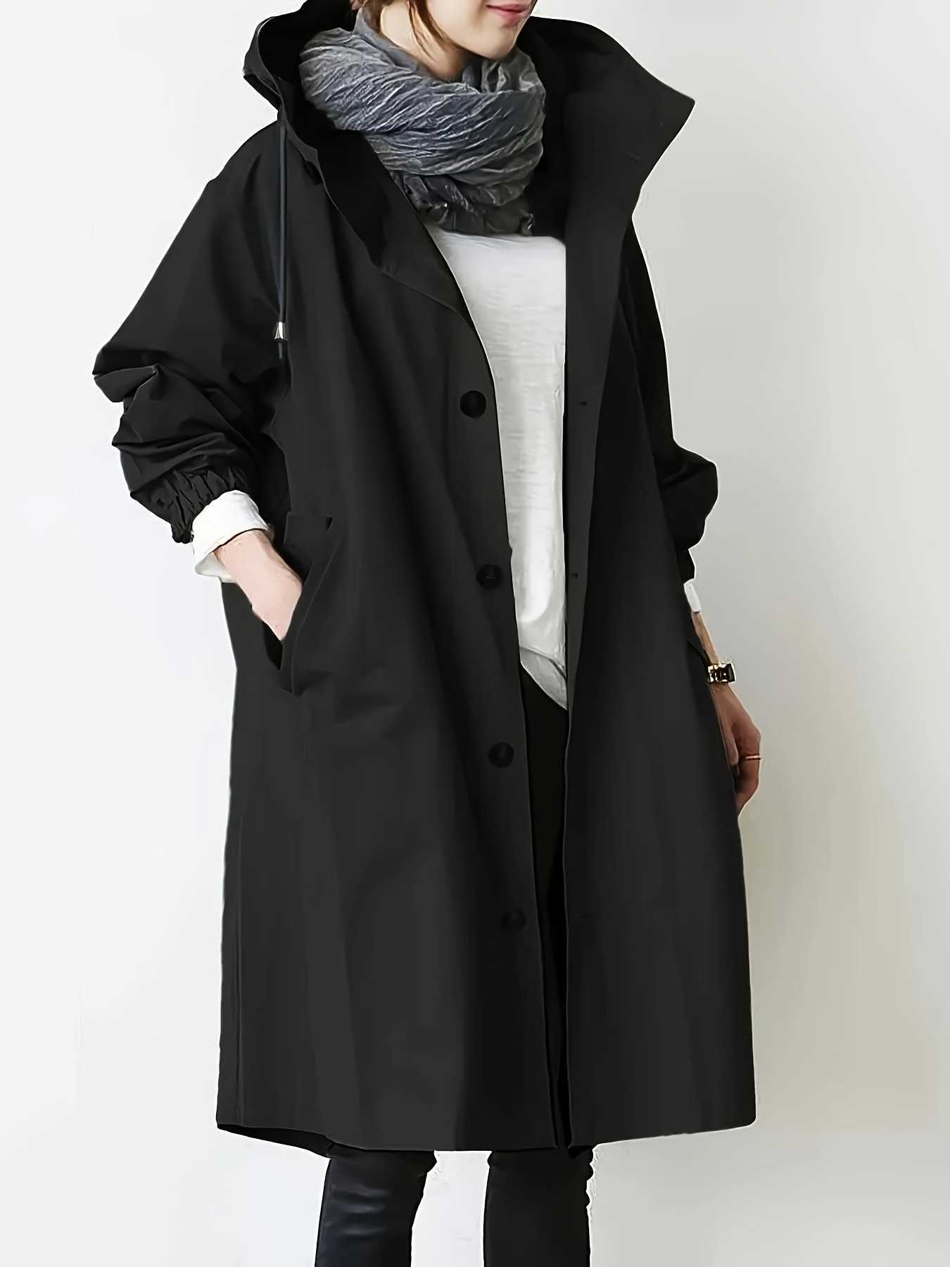 Oversized Hooded Long Coat Women's Button Down Casual Windbreaker with Side Pockets for Spring and Fall D260909