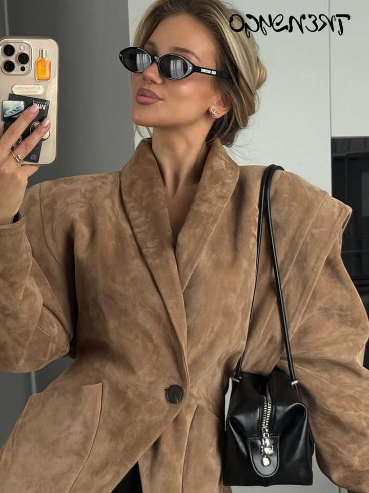 Shoulder Jackets Women's Pad Suede Long Sleeve Waist Cinching Coats Female Lapel Button Solid Slim Coat Chic New Outerwear D260909