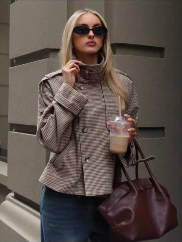 Sleeve Long Women's High Houndstooth Collar Coat Chic Double-breasted Lace Cuffs Short Autumn Lady Commute Clothes 2026 D260909