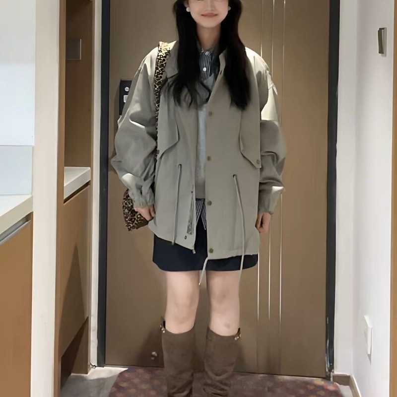 Collar Loose Stand Up Trench Coat for Women 2026 Autumn Korean Version Large Size Lazy and Casual Versatile Coat Trend D260909