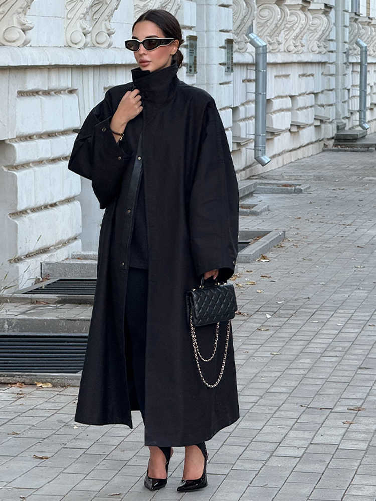 Pocket Simple Black Lapel Loose Long Windbreaker Casual Long Sleeved Oversized Women's Coat Fashionable Autumn Streetwear 2026 D260909