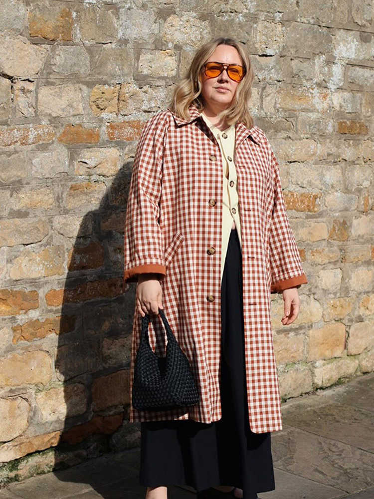Red Long Lapel Women Coat And White Grid Single-breasted Big Pocket Loose Outerwear 2025 Fashion Officeladycommuteovercoat D260909
