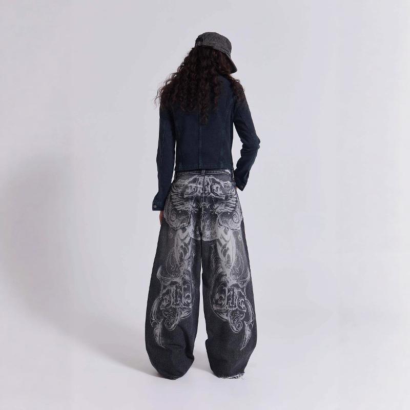 Vintage Punk Dark Gothic Jeans Pants Retro Y2K Washed Straight Leg Jeans Unisex Ultra Low Rise Denim Pants High Street Trendy Style 2025 Summer