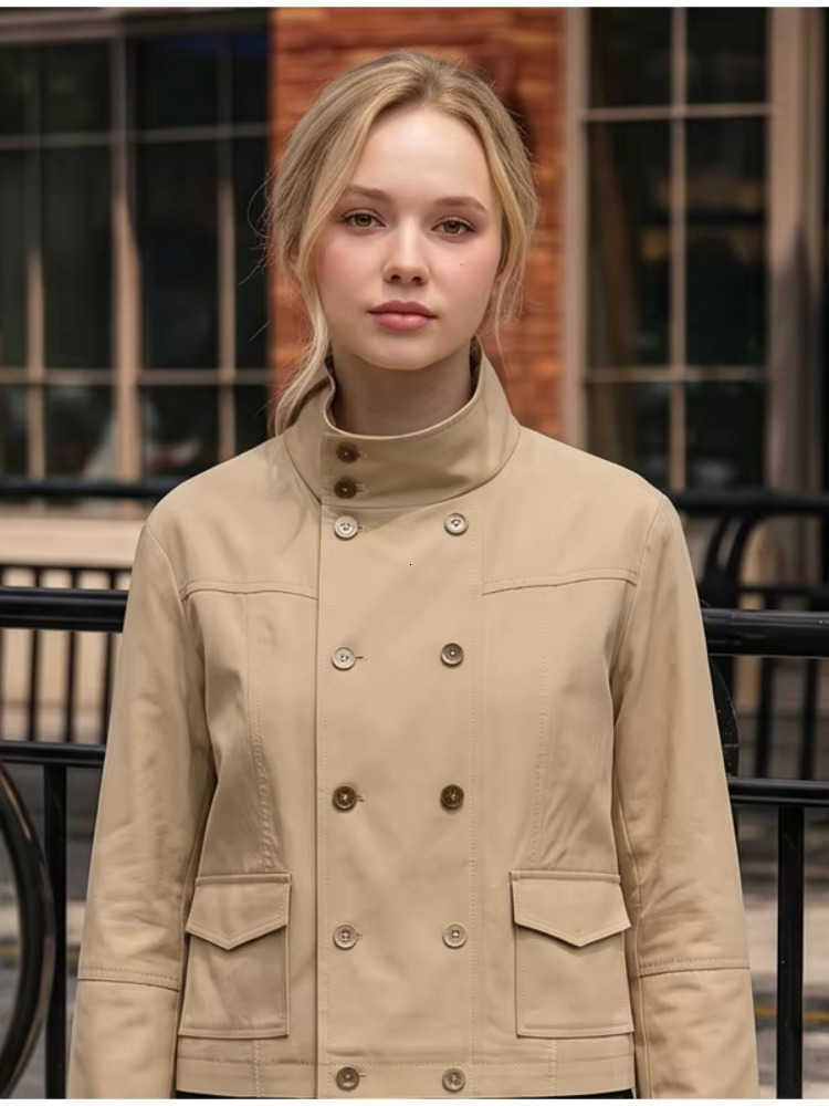 Cropped Women Stand Beige Collar Double Breasted Long Sleeve Pocket Casual Slim Windbreaker Office New Trendy Street Wear D260909