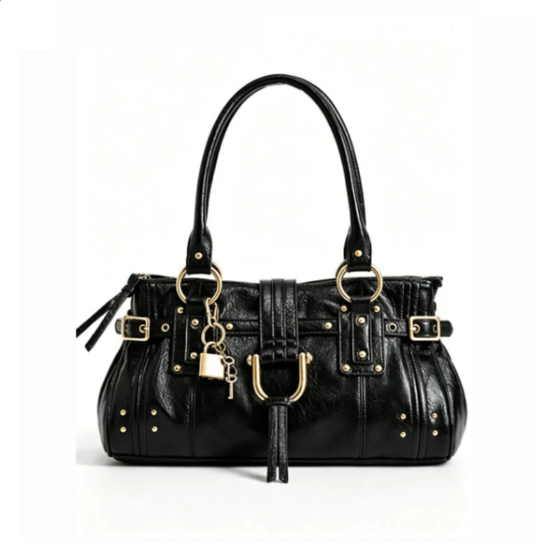 Y2k Vintage Women PU Stylish Tote Bag Lock Rivet Large Capacity Shoulder Bag Zippered Buckle Commute Travel Motorcycle Handbag 260908 1c