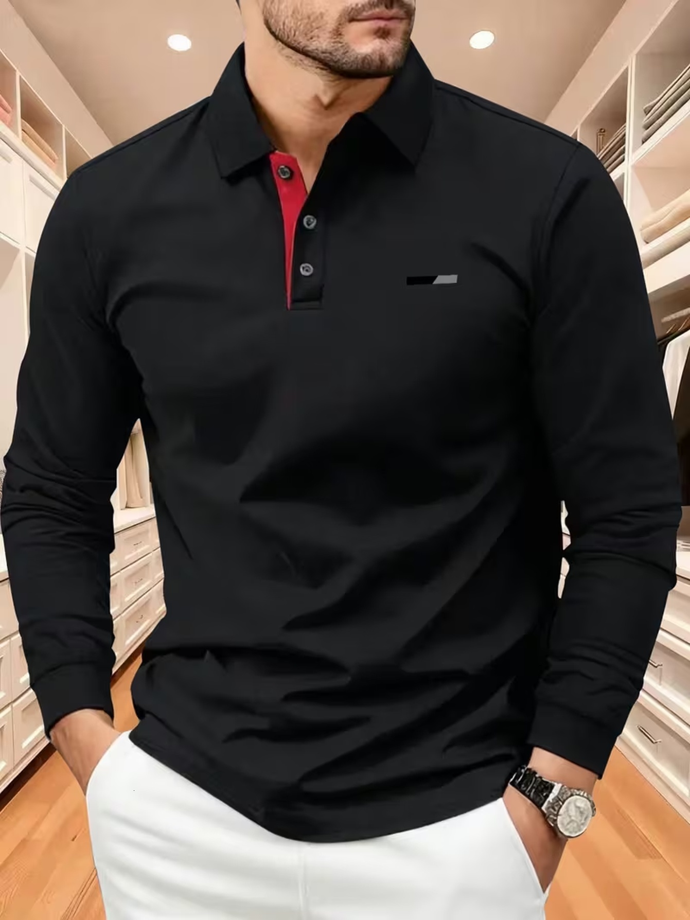 Designer New high end color blocked printed long sleeve polo shirt casual sports fashion top comfortable and breathable fabric 23
