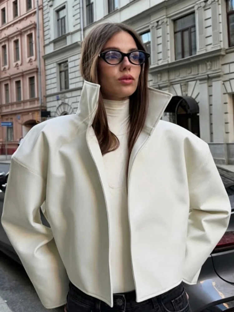 Faux Shoulders White Leathertop Broad Chic Stand Collar Long Sleeves Loose Short Wome's Autumn Casual Streetwear 2026 D260909