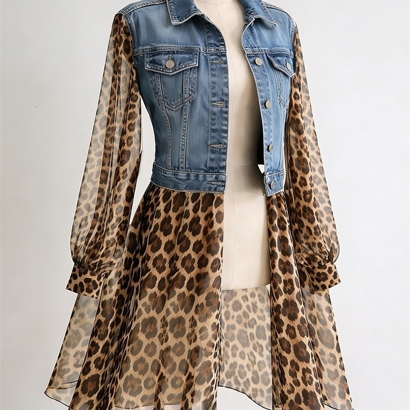 Vintage Chiffon Leopard Women Denim Coat Turndown Collar See-Through Long Sleeve Slim Fit Top Elegant Single-breasted Jackets 260917